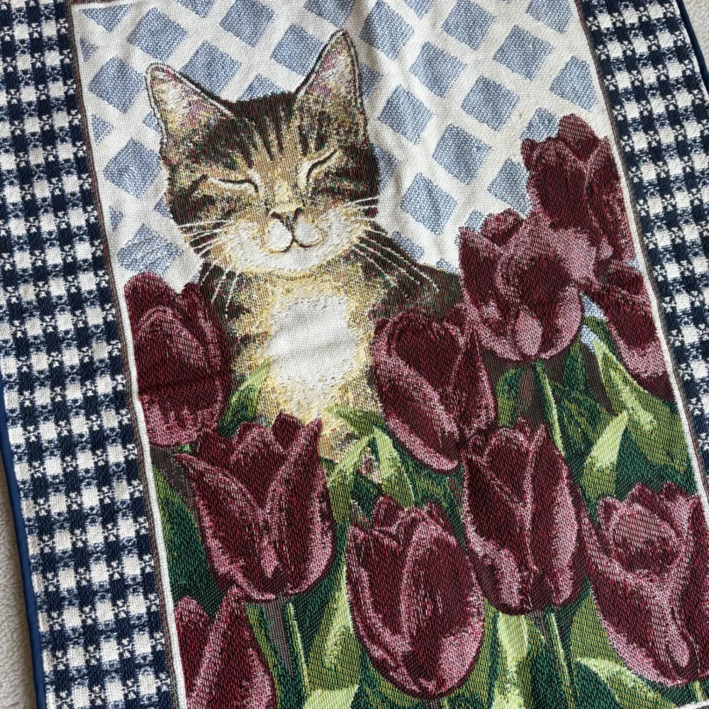 Vintage Woven Cat Tulip Tapestry Wall Hanging Blue Gingham Cottage 30x24‎ EUC